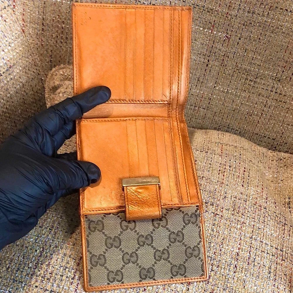 GUCCI GG Monogram Orange Leather Tan Canvas Trifold Wallet Vintage AUTHENTIC